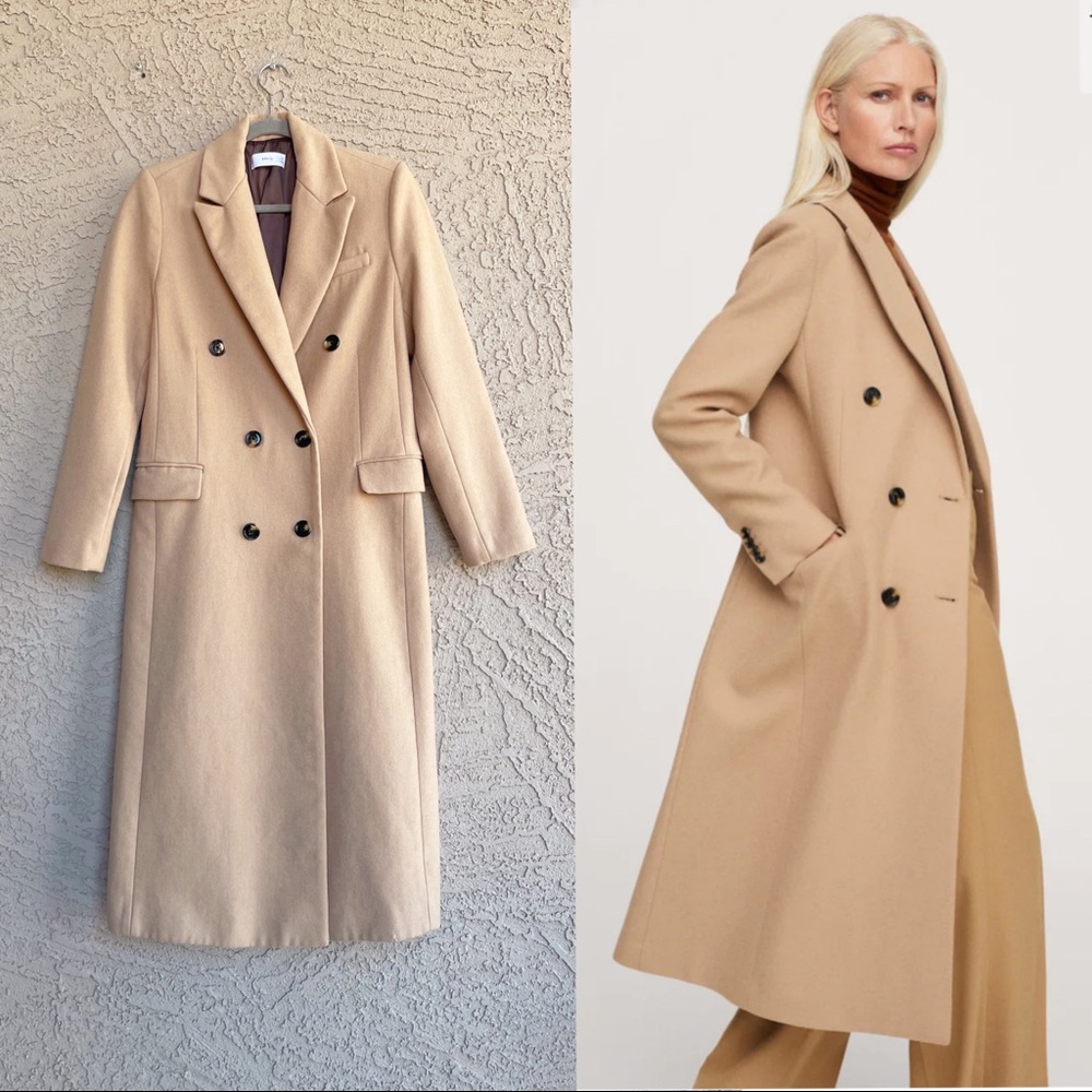 MANGO Camel Tan Long Wool Coat Double Breasted Wool Blend Lapel Trench Coat Sz S